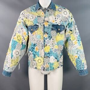 EARTHLING VIP M Poetic Lust Blue White Yellow Crochet Lace Cotton Trucker Jacket